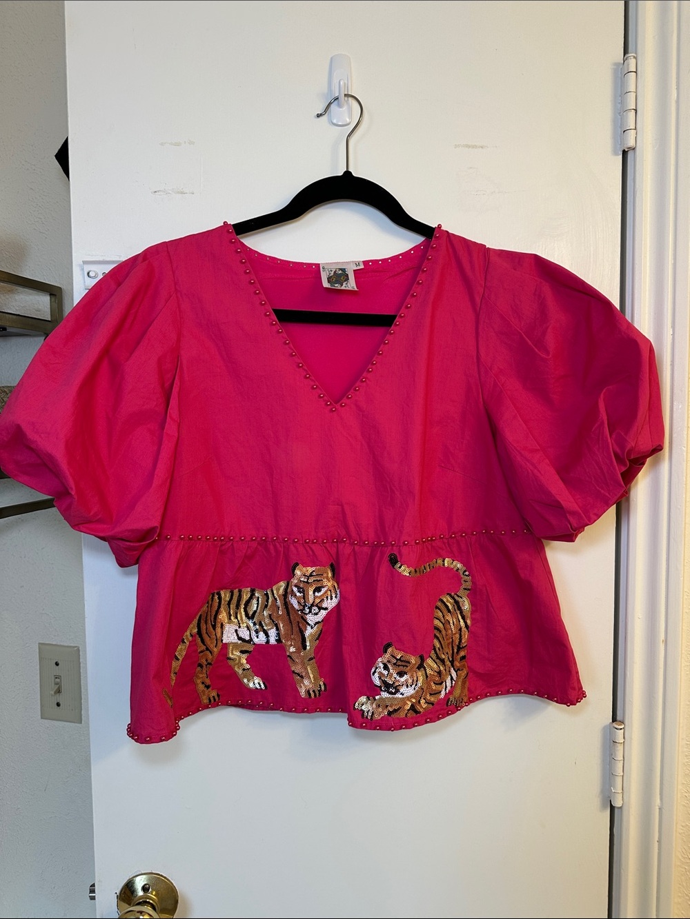 Queen of Sparkles Hot Pink Embroidered Tiger Peplum Top